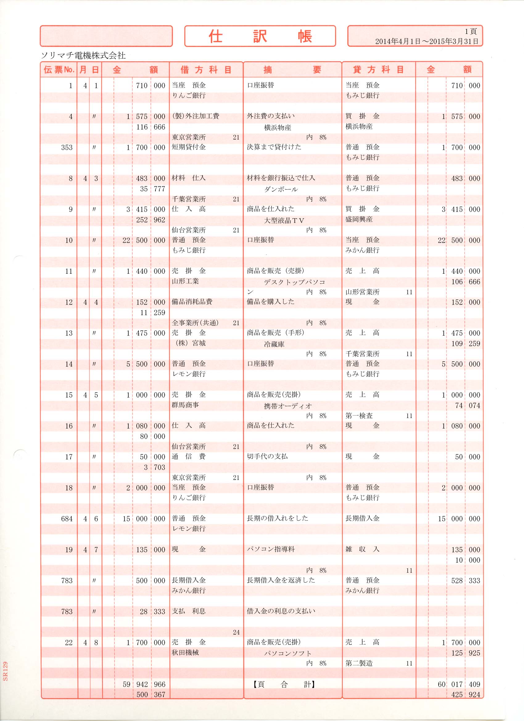 専用帳票「SR1281 振替伝票」