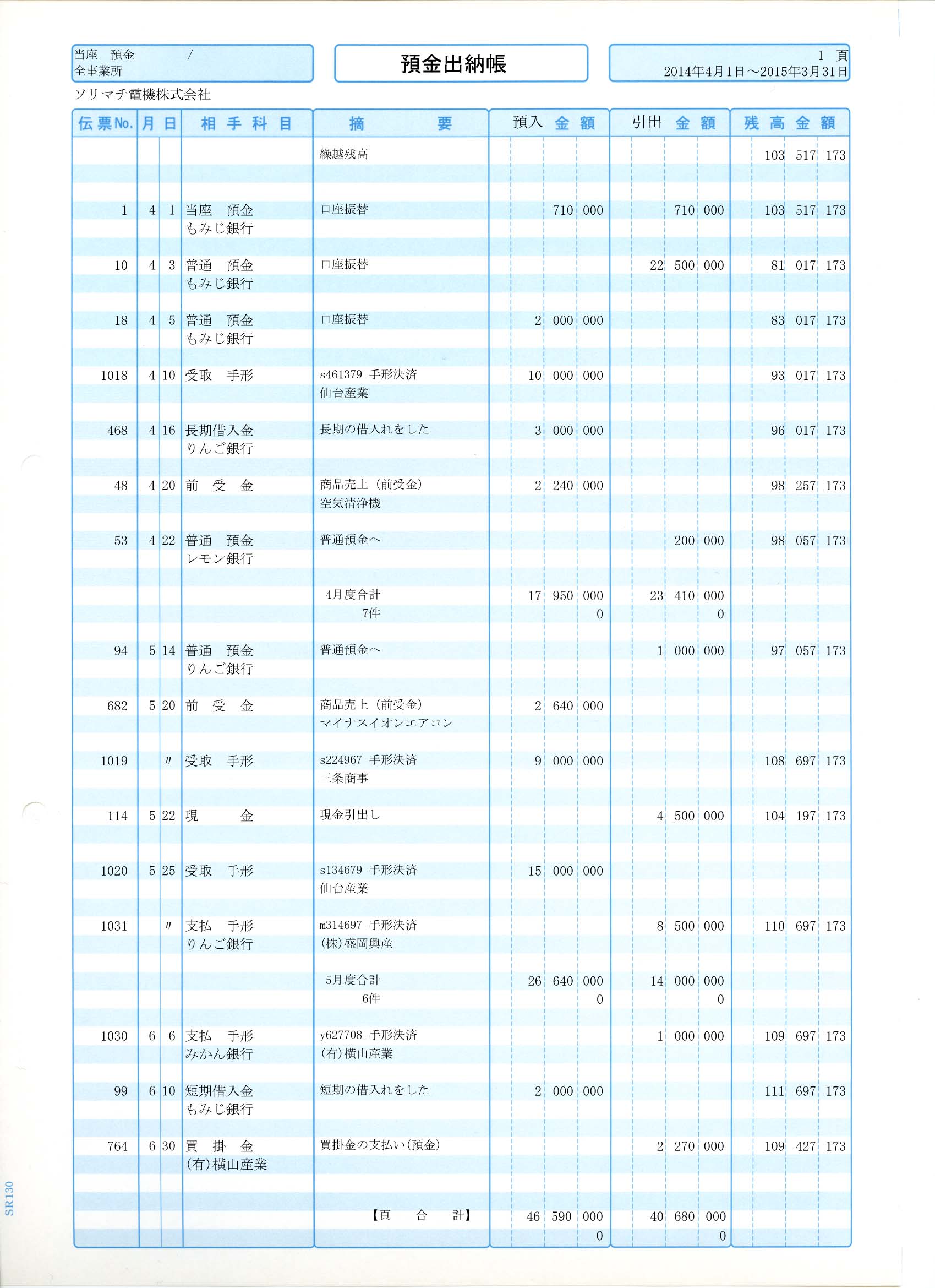 SR1301 出納帳